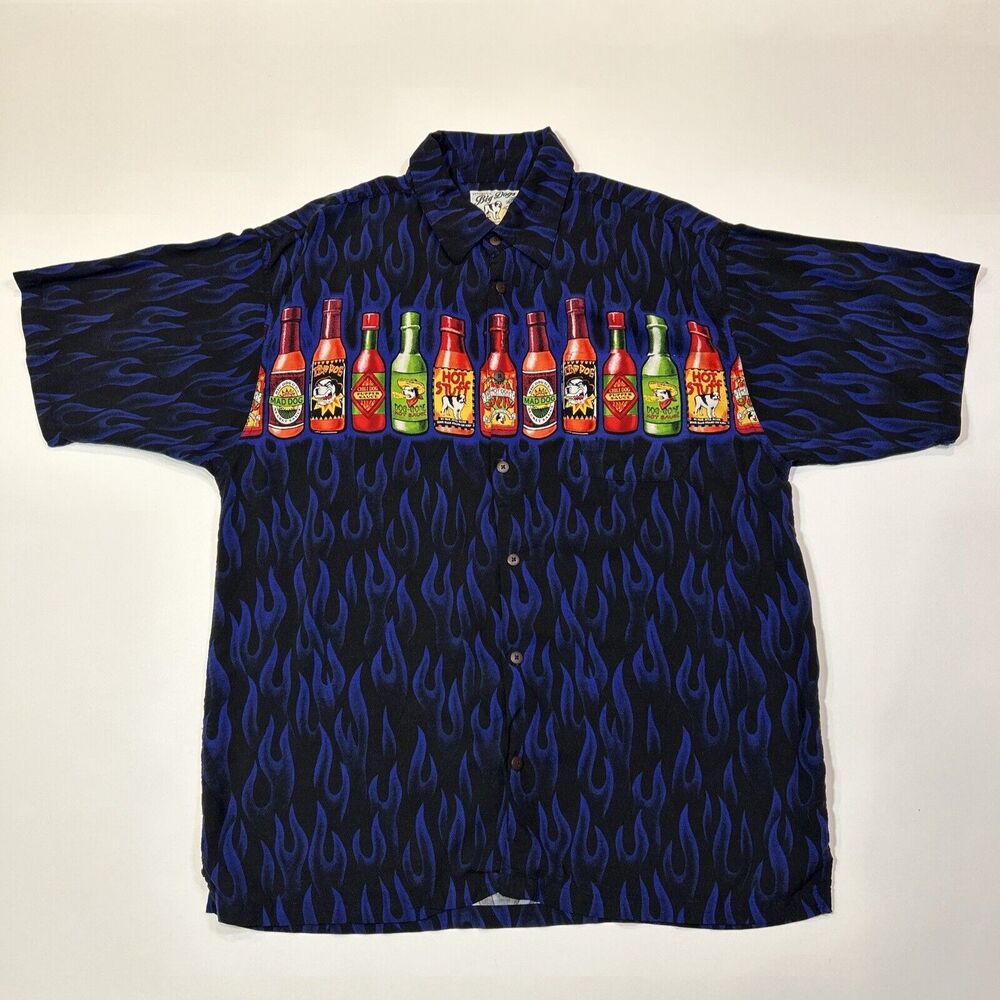 Big Dogs Shirt Adult Large Button Up Hot Sauce Flames Hawaiian Short Sleeve Mens